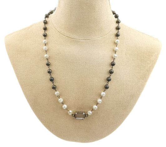 18" - 20" Pyrite and Ivory Necklace with Ivory Square Crystal