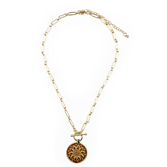 Gold Necklace with Round Flower Pendant