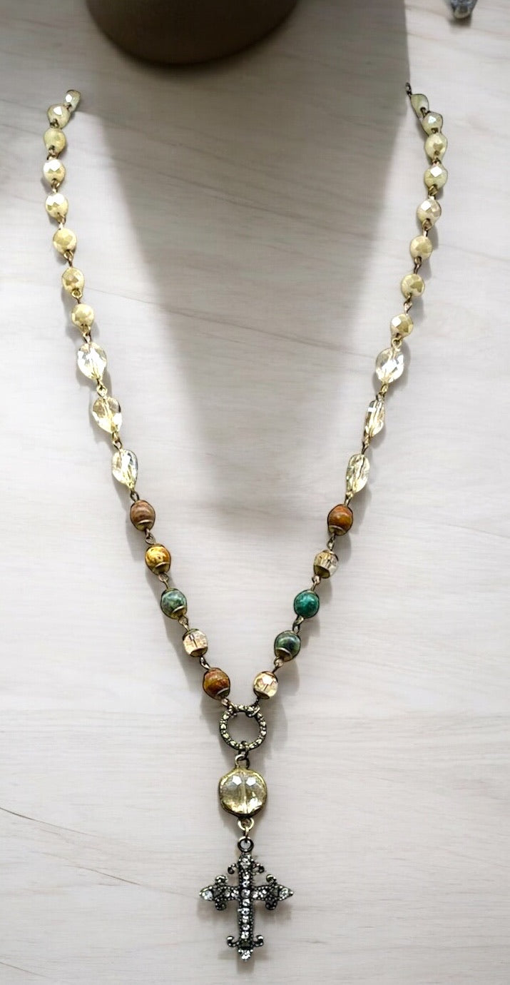 African Turquoise, Jasper & Ivory Necklace with Round and Cross Pendant #3062 (Case of 3)