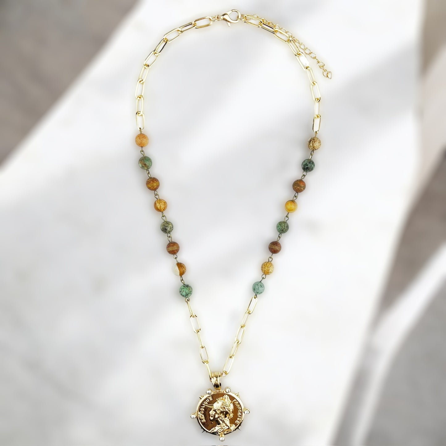 African TQ, Jasper and Gold Necklace with Gold Pendant #3092 (Case of 3)