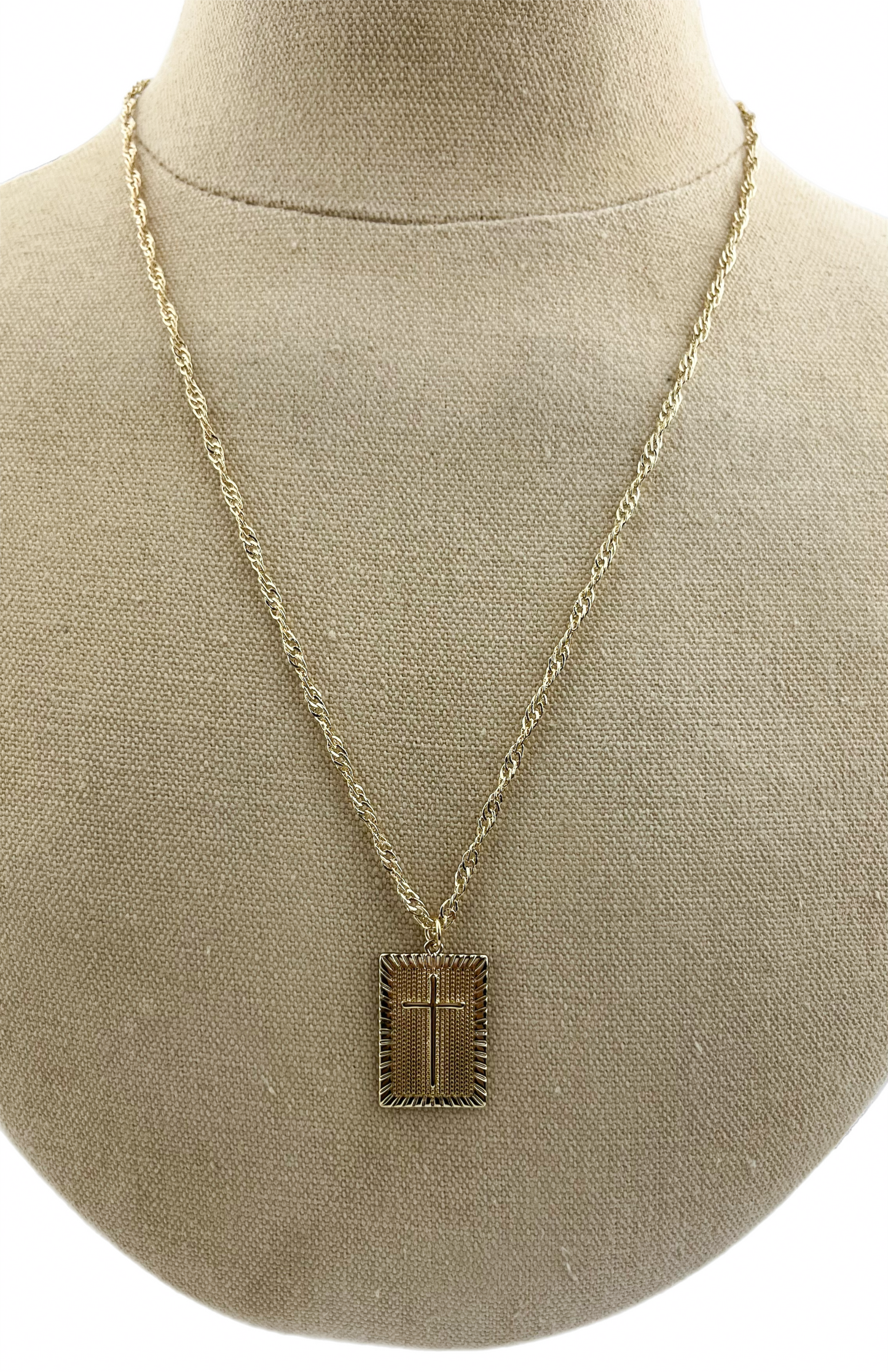 Gold Twisted Rope Necklace with Square Cross Pendant