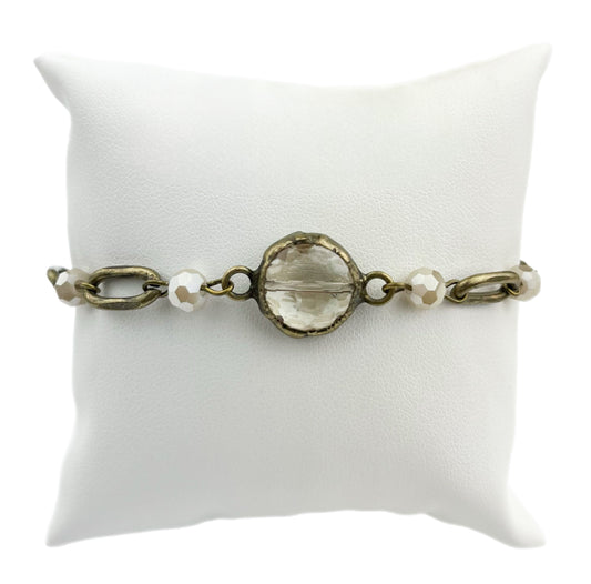 BR2520 Link Chain Ivory Bracelet w/ Round Crystal