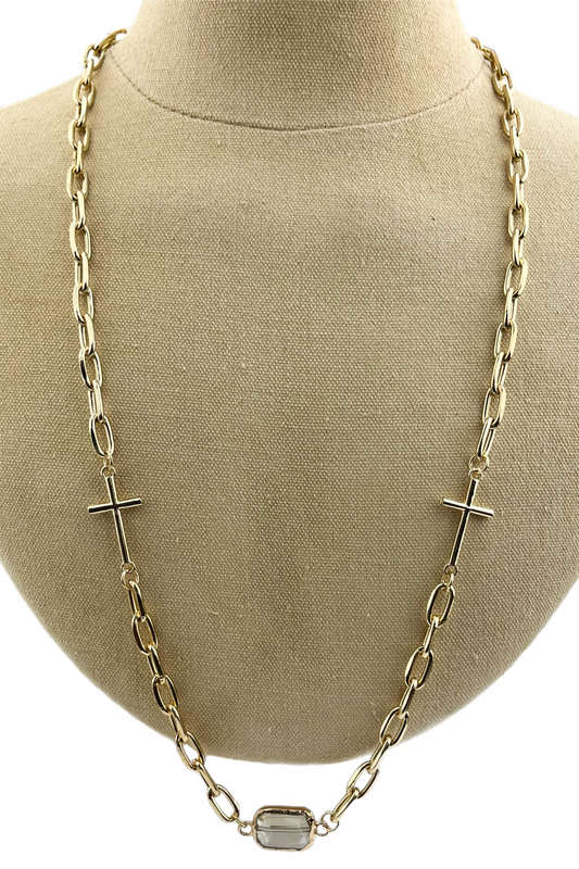 Gold Necklace with Double Cross and Square Crystal Pendant