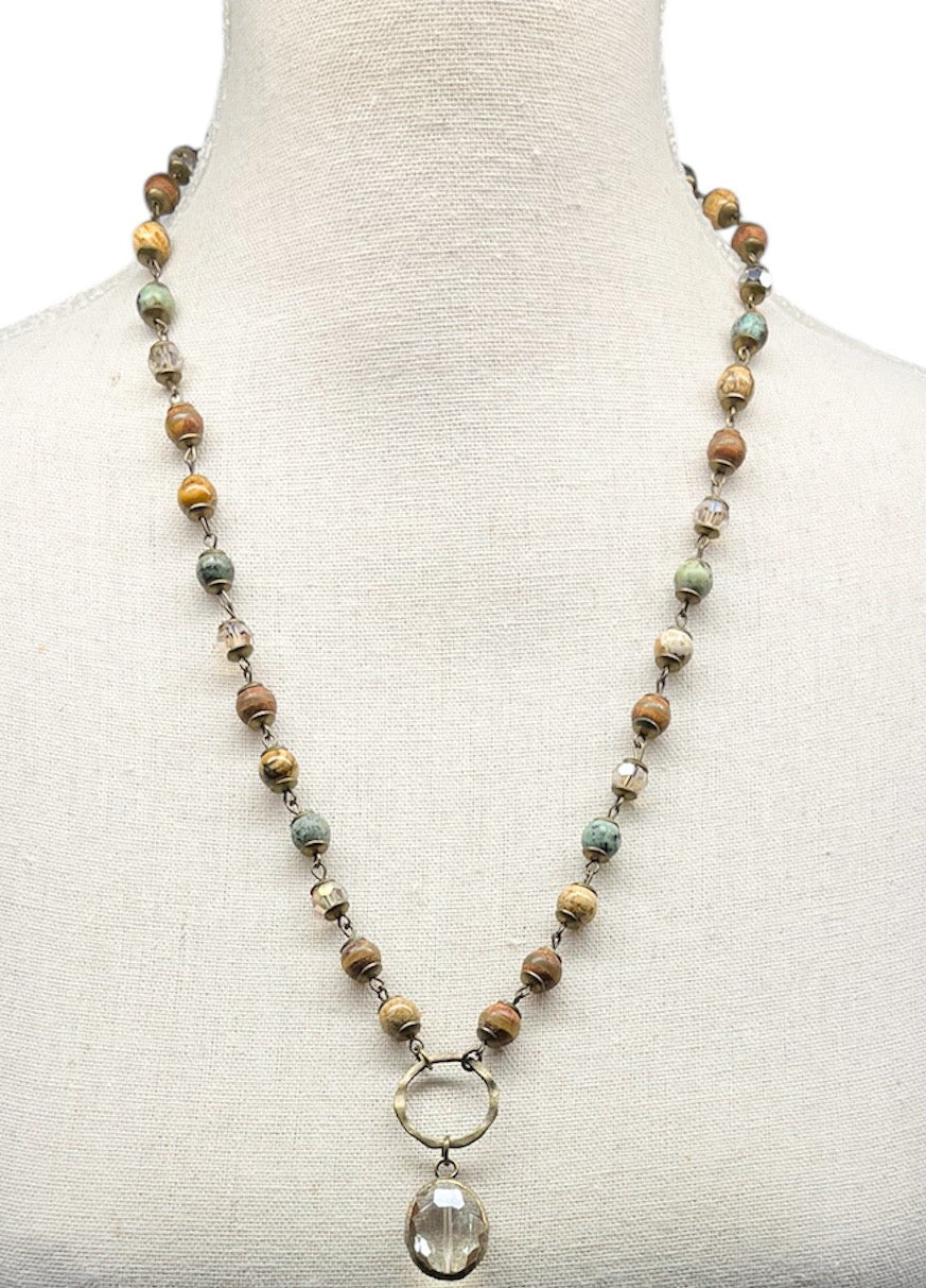 African Turquoise & Jasper Necklace with Round Crystal Pendant #3064