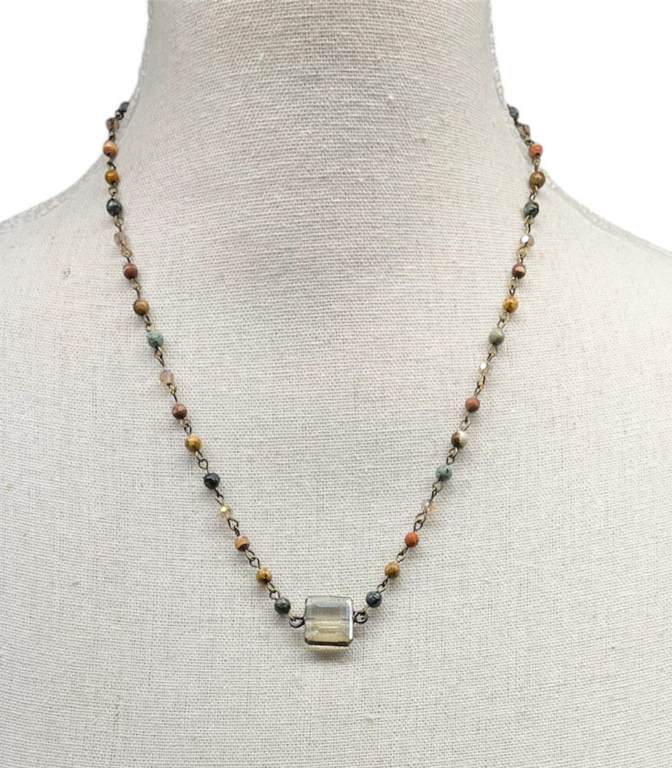 Dainty African Turquoise & Jasper Necklace with Square Pendant #3065