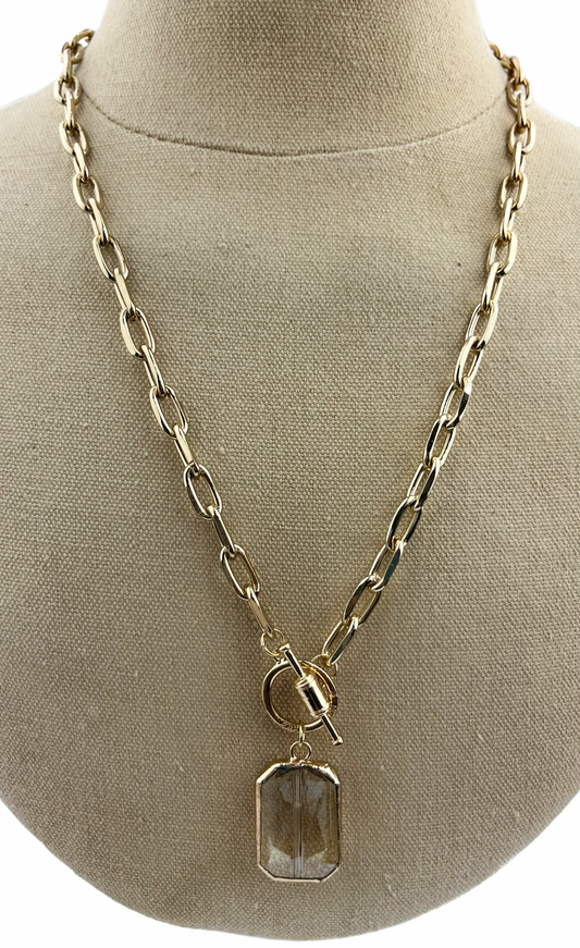 Gold Chain Necklace with Toggle and Square Pendant