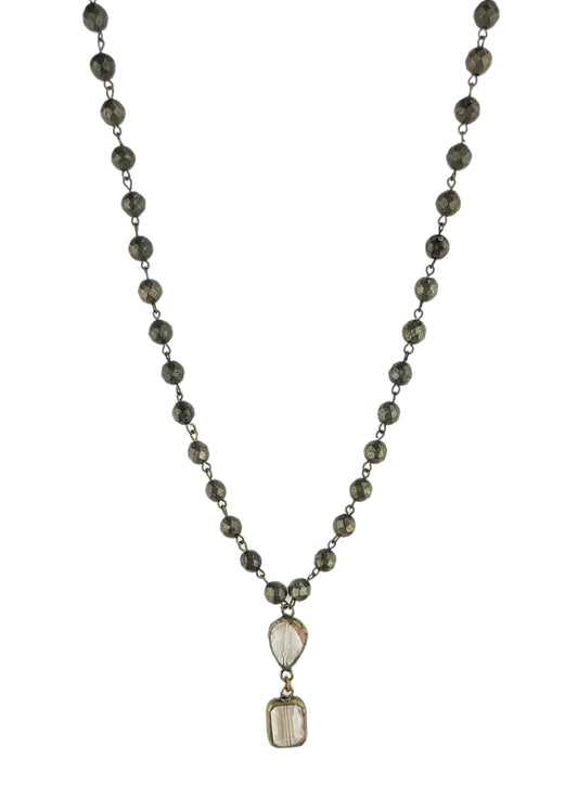 Pyrite Necklace with Teardrop and Square Crystal Pendant