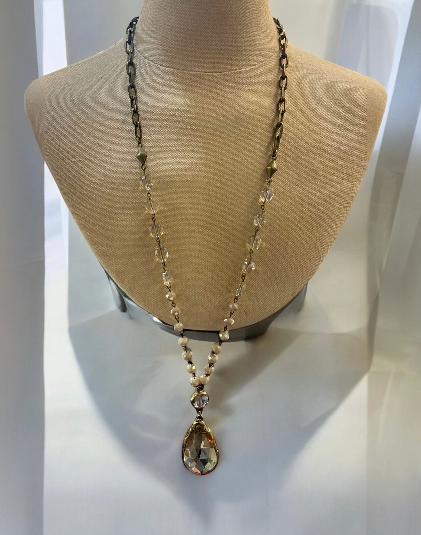 Champagne and Ivory Necklace with Double Crystal Pendant