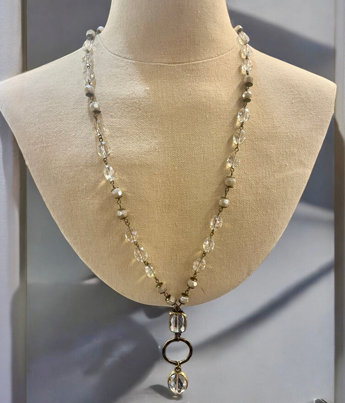 431 Ivory and Champagne Necklace with Double Crystal Pendant