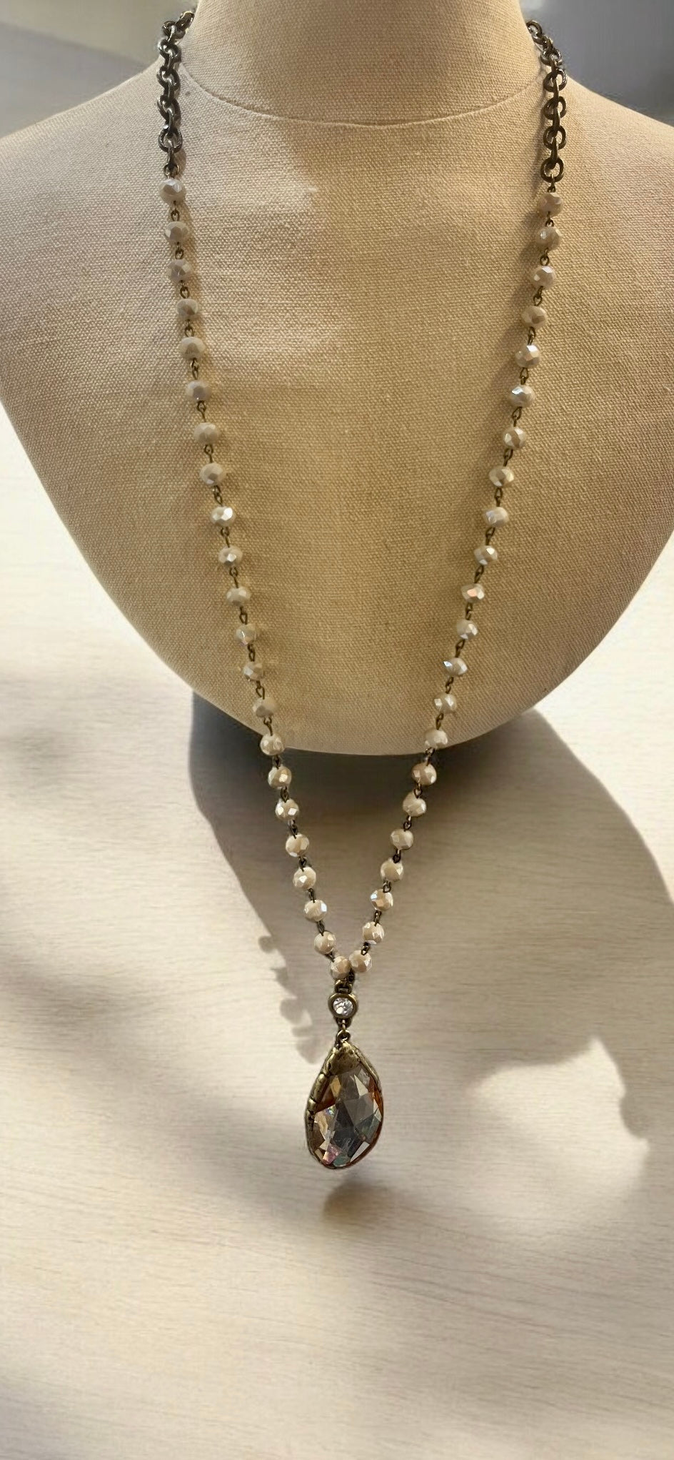 Ivory Necklace with Diamont and Teardrop Pendant