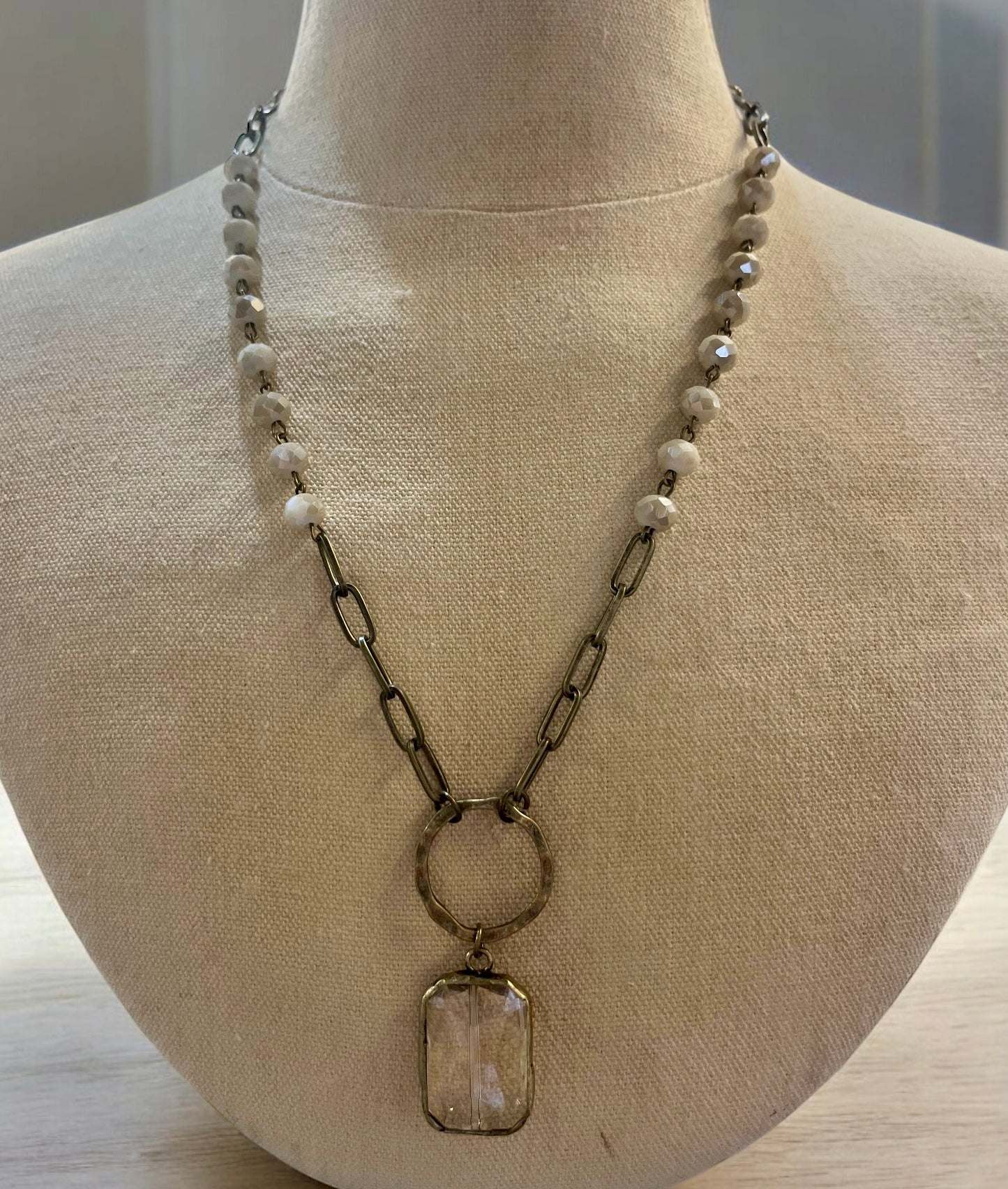 Ivory Necklace with Square Crystal Pendant