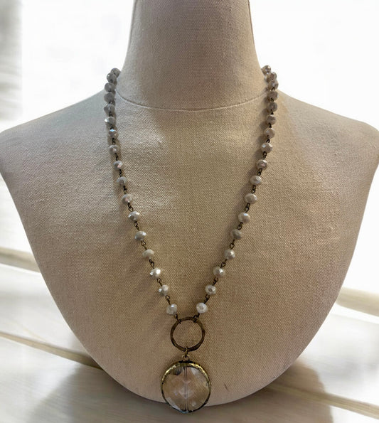 Ivory Necklace with Round Crystal Pendant