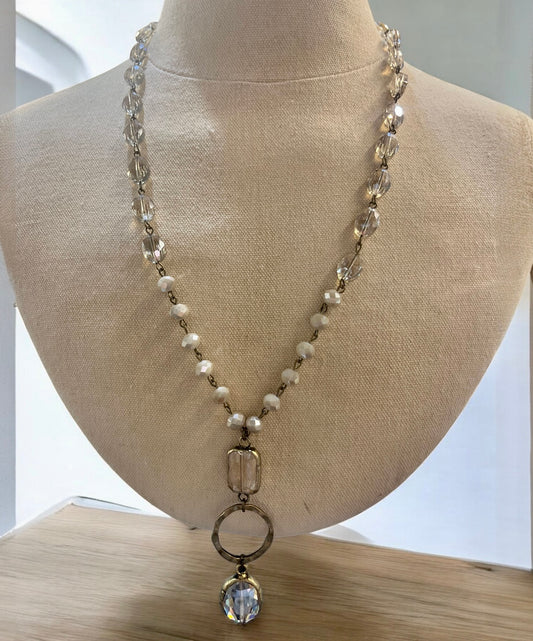 Champagne and Ivory Necklace with Double Crystal Pendants