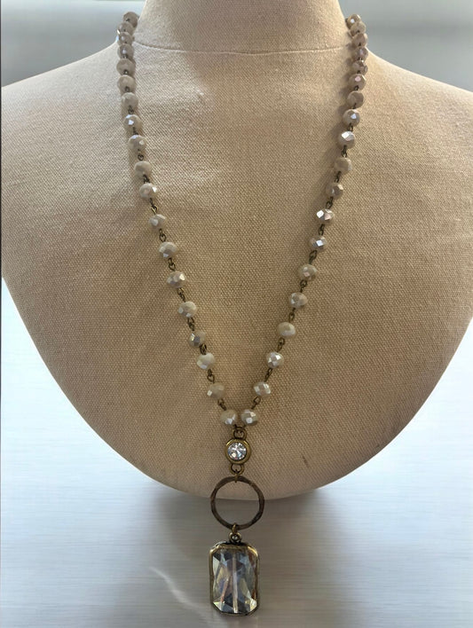 Ivory Necklace with Diamond and Square Crystal Pendant