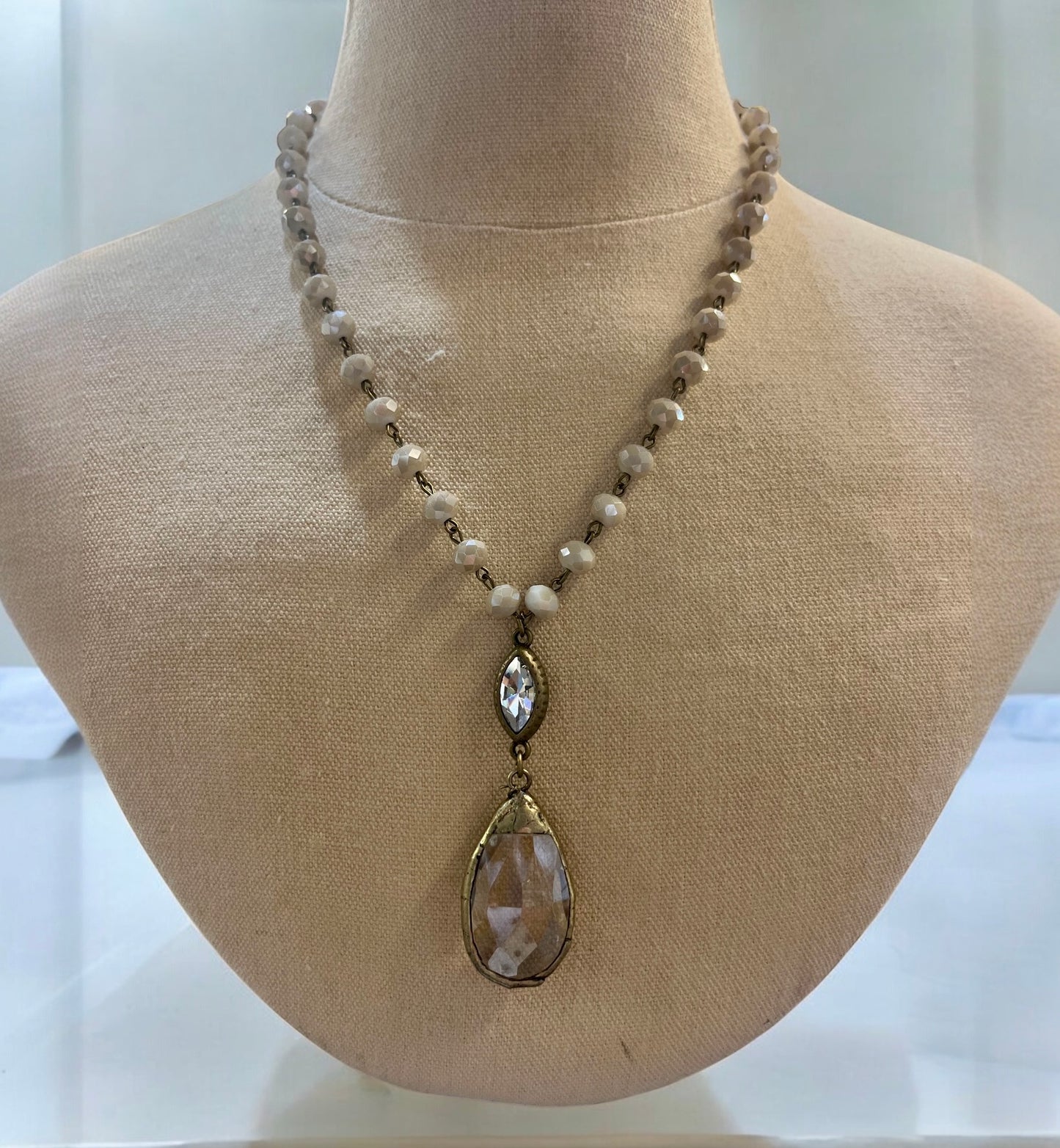 Ivory Necklace with Long Diamond and Teardrop Pendant