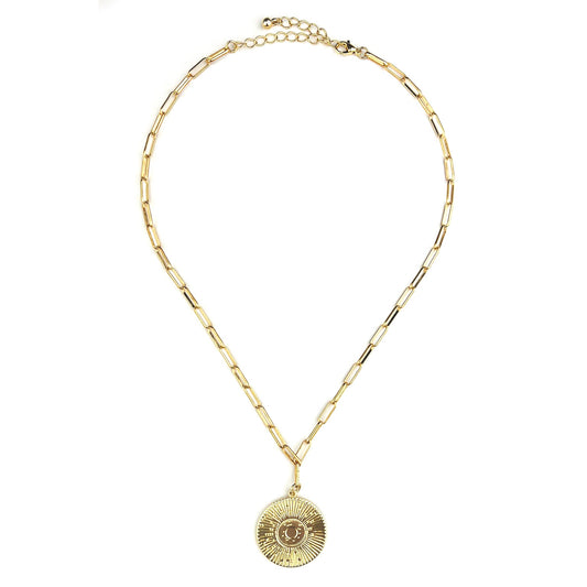 Gold Link Chain Necklace with a Round Pendant