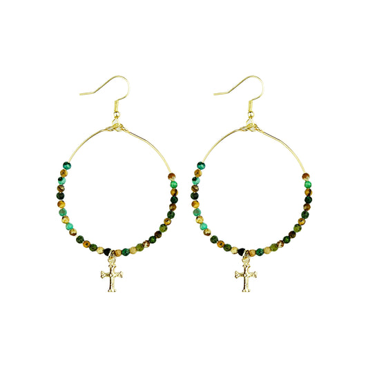 ER 2537 Savanna Jasper and Gold Earring w/ Gold Cross