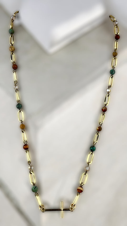 African TQ, Jasper and Gold Necklace with Cross Pendant #3090 (Case of 3)