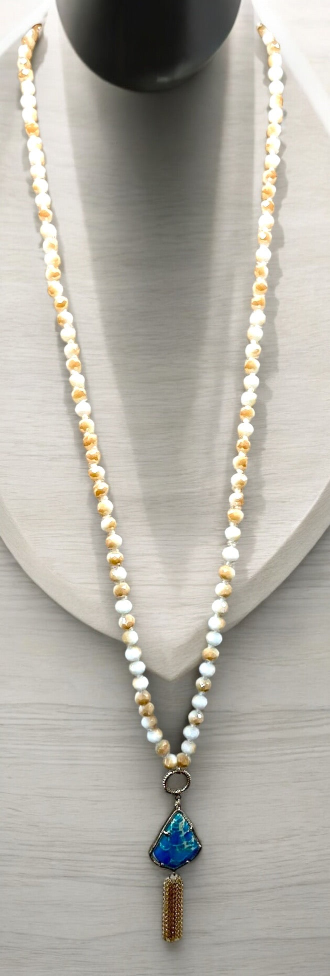 36" White & Cream Hand knotted Crystal Necklace w/ IJ Pendant