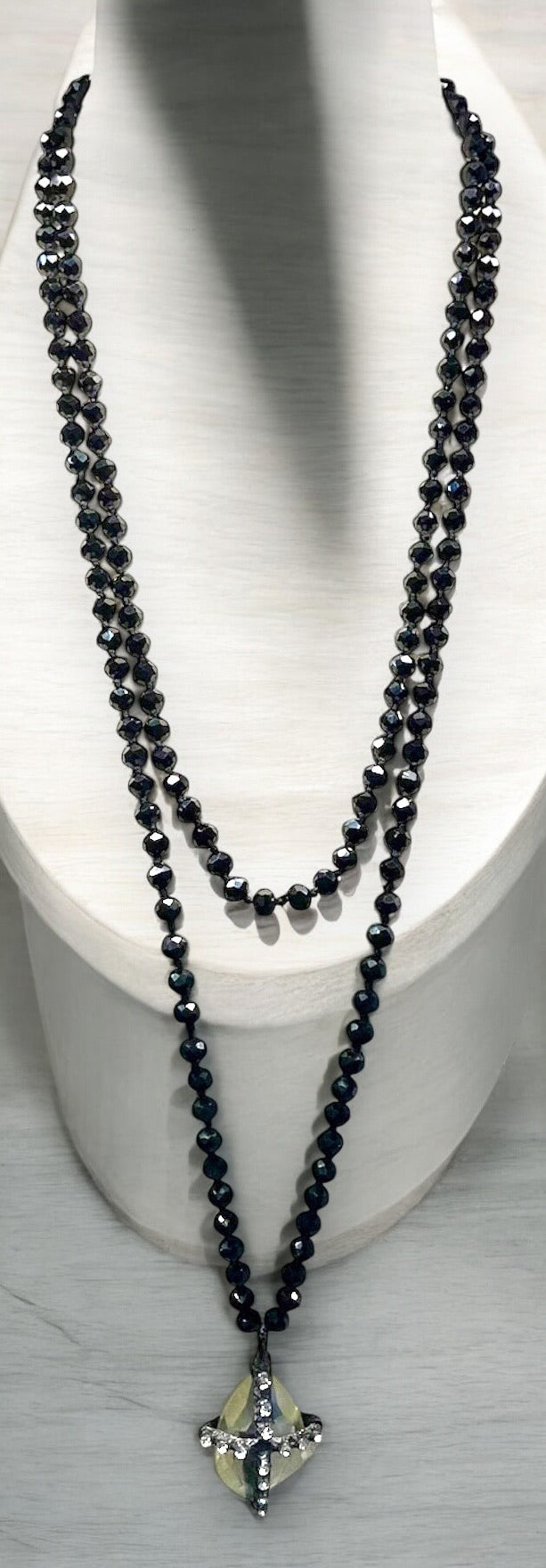 60" Black Hand knotted Crystal Necklace w/ Teardrop Pendant