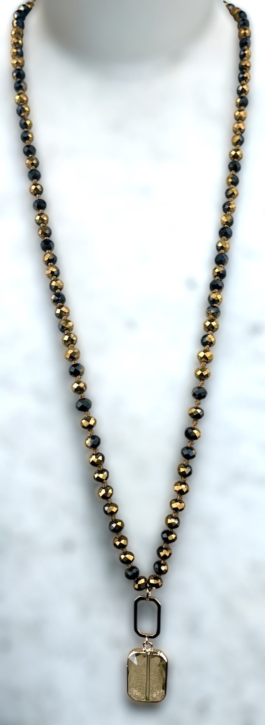 36" Black and Gold Hand knotted Crystal Necklace