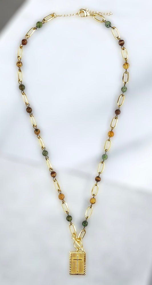 African TQ, Jasper and Gold Necklace with Square Cross Pendant #3094 (Case of 3)