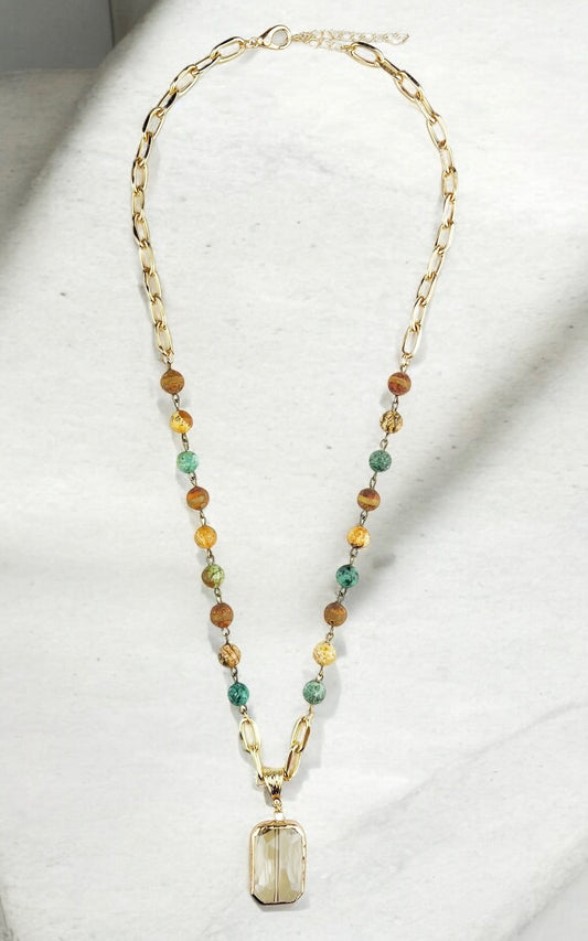African TQ, Jasper and Gold Necklace with Square Crystal Pendant #3096 (Case of 3)