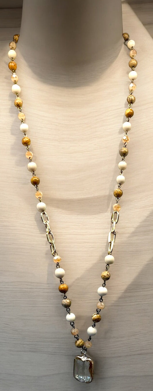 Jasper and Gold Necklace w/ Crystal Pendant #3083