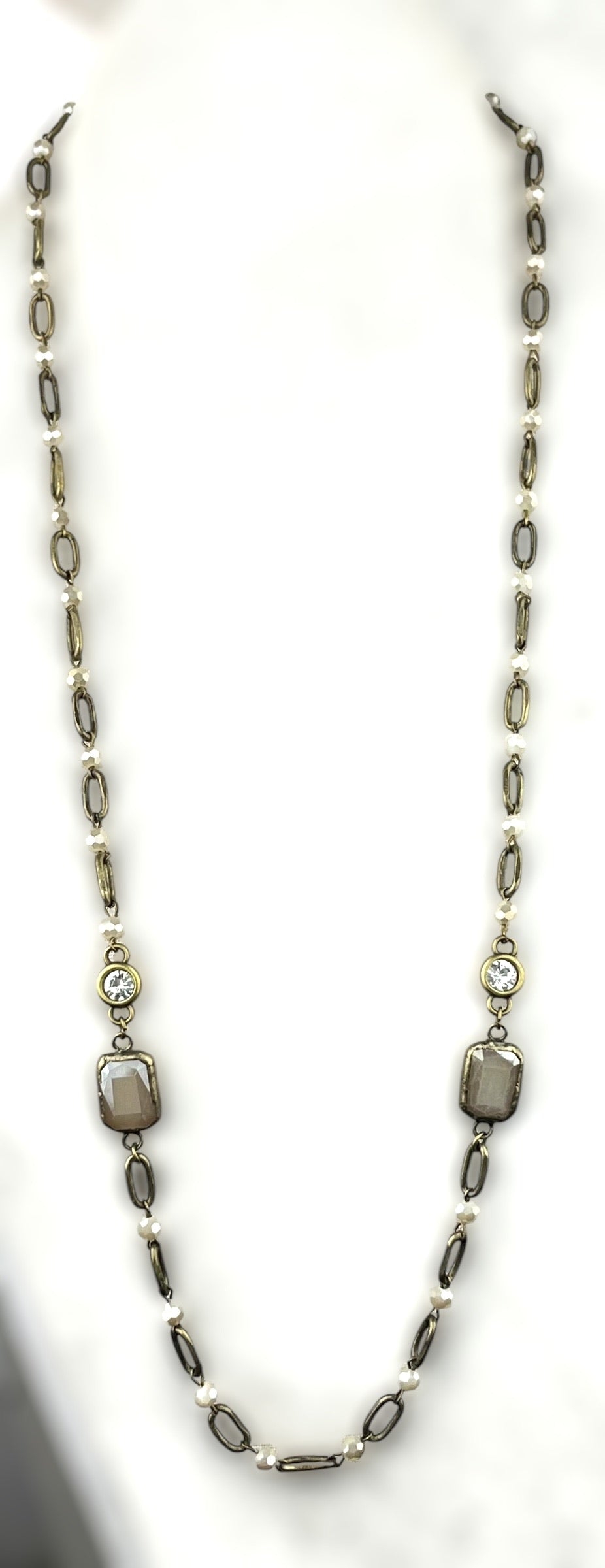 Link Chain and Ivory Necklace with Double Crystal #3630