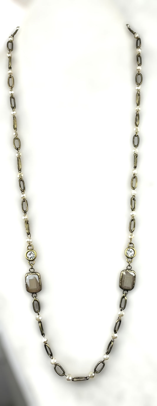 Link Chain and Ivory Necklace with Double Crystal #3630