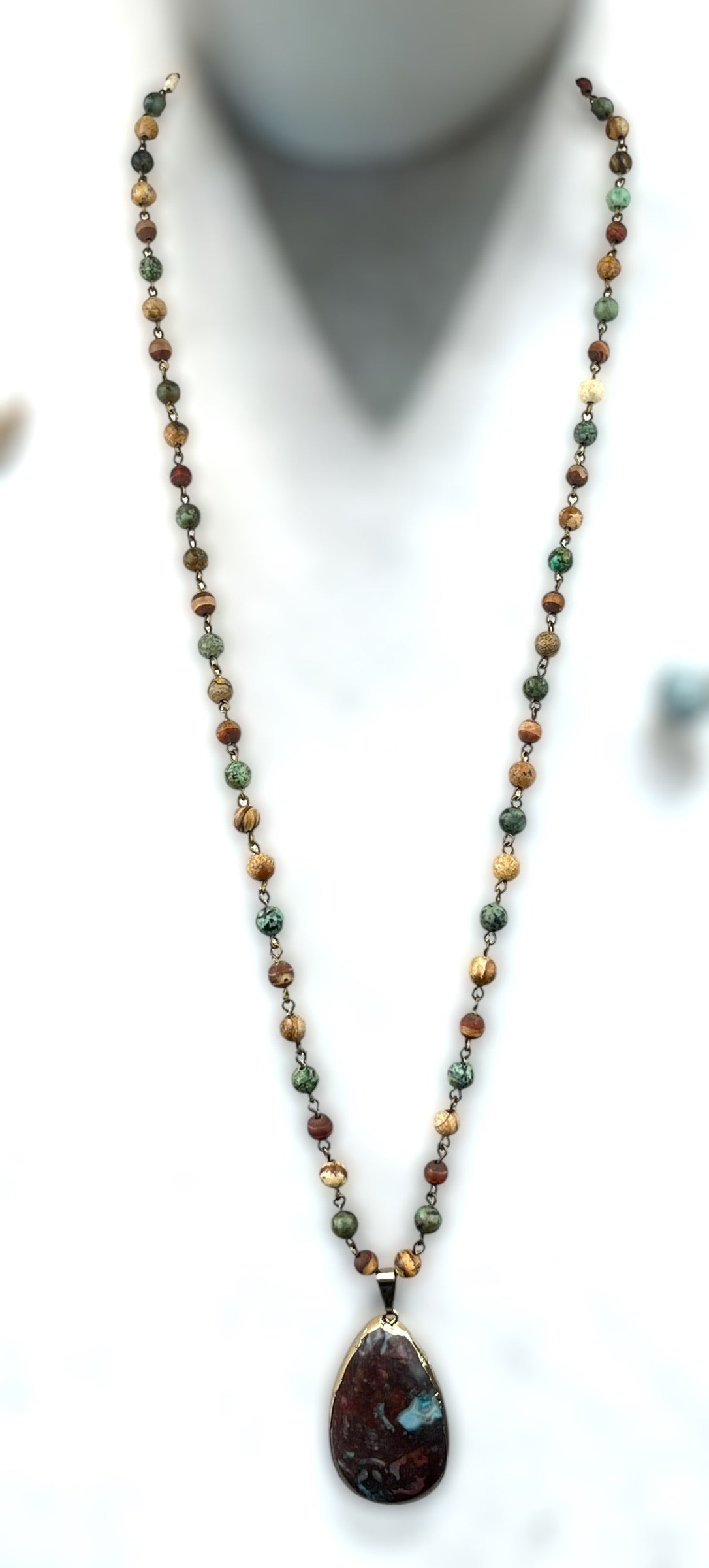 African Turquoise and Jasper Necklace with Pendant #3629